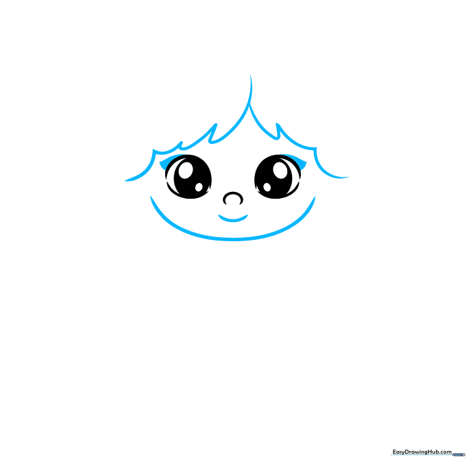 Drawing of a girl's face outline showing eyelashes, a small mouth, and bangs framing the forehead.