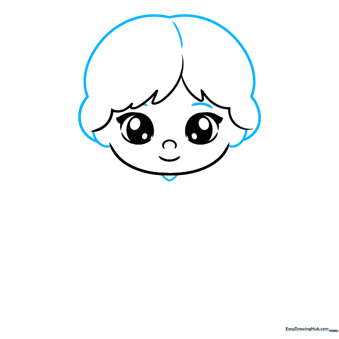 Sketch of a girl's head showing ears, eyebrows, and the top section of her hair with a center part.