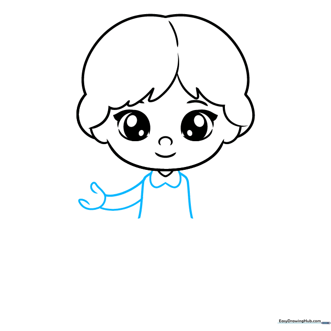 Outline of a girl's torso, collar, and one arm reaching out with a simple hand shape.