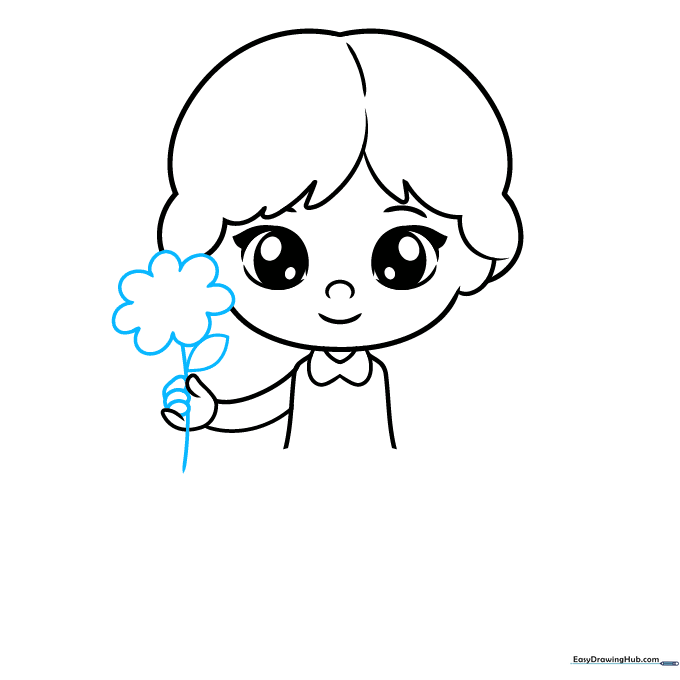 Close-up drawing of a hand holding a flower with a leaf and rounded petals.