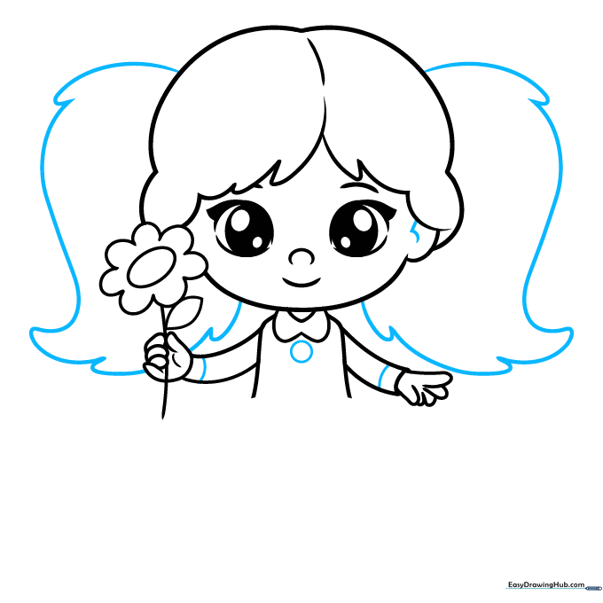 Drawing of the girl's head now featuring two pigtails and a button detail on her shirt.
