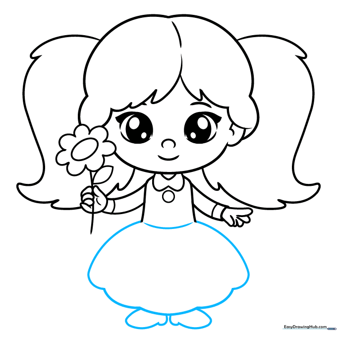 Full body outline of the girl showing the skirt and shoes added to the figure.