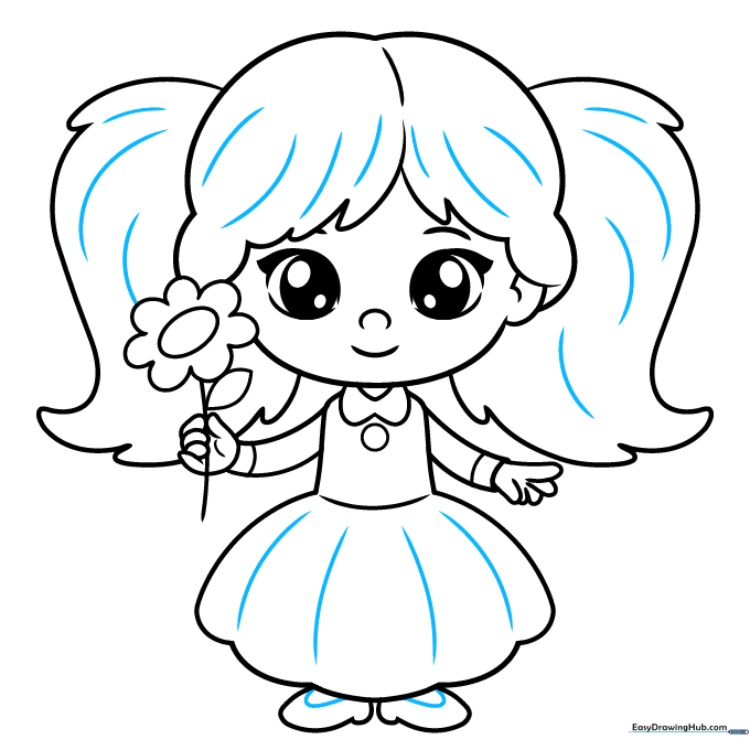 Final line art of the girl with added texture lines on the hair, skirt, and shoes.