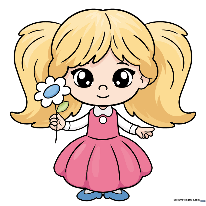 A fully colored, cute cartoon girl with blonde hair and a pink dress holding a flower.