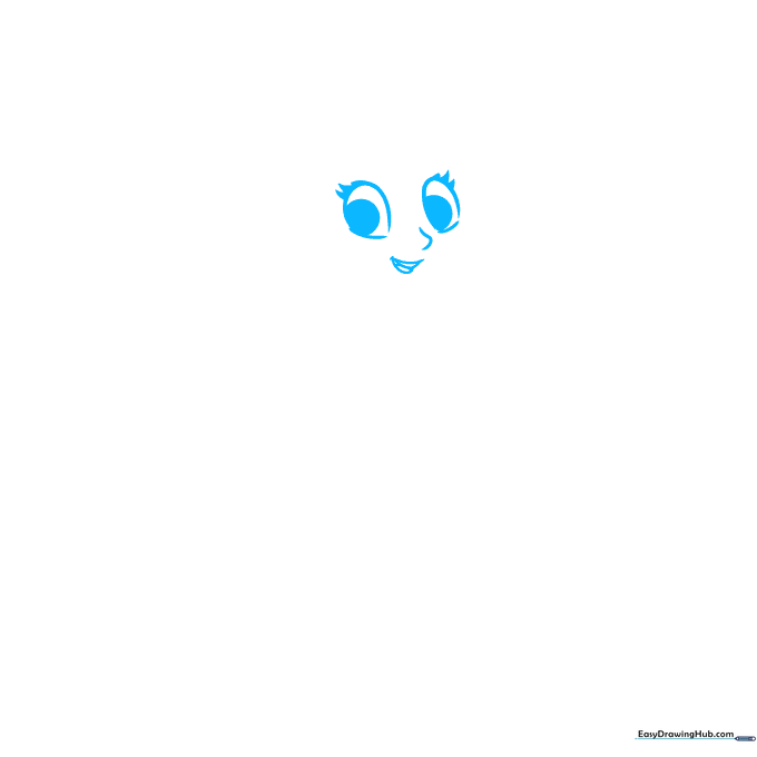 Close-up sketch of Ariel's eyes, nose, and smiling mouth on white paper.