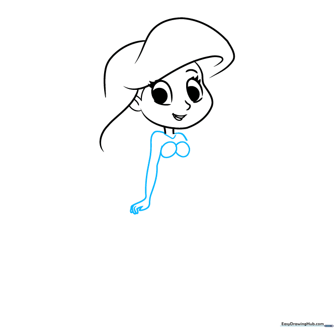 Sketching Ariel's upper body, including arms, shoulders, and seashell bikini top.