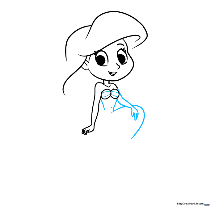 Drawing the torso and the beginning of the mermaid tail with belly button detail.