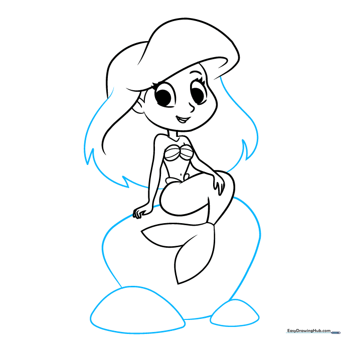Adding flowing hair details and rocks at the base of the drawing.