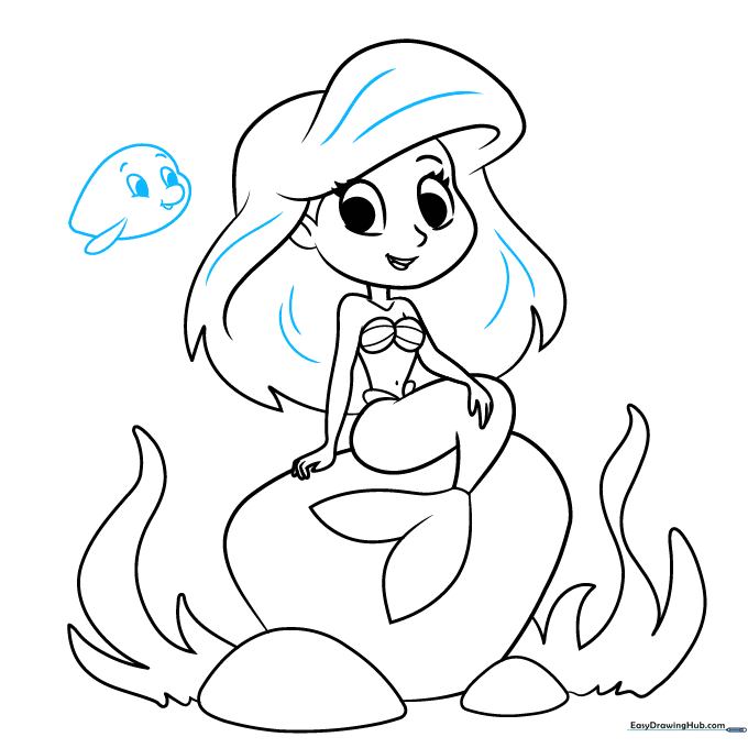 Sketching Flounder the fish next to Ariel with expressive facial features.