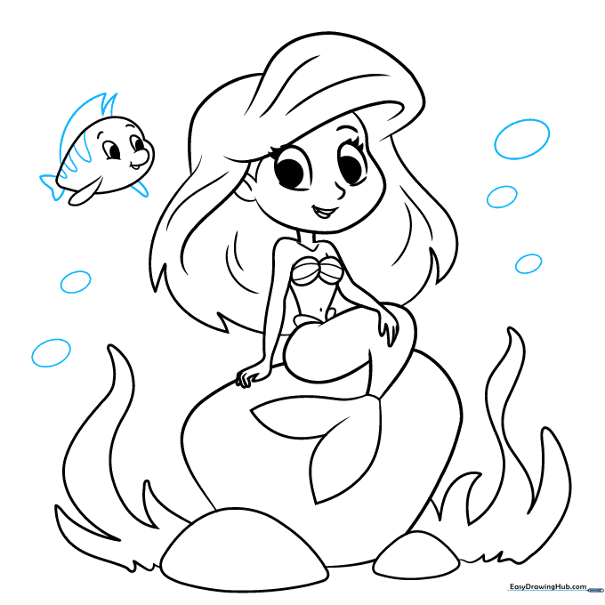 Adding fins, stripes to Flounder, and bubbles to complete the drawing.