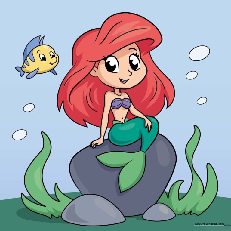 A vibrant, finished drawing of Ariel and Flounder, perfect for kids to reference.