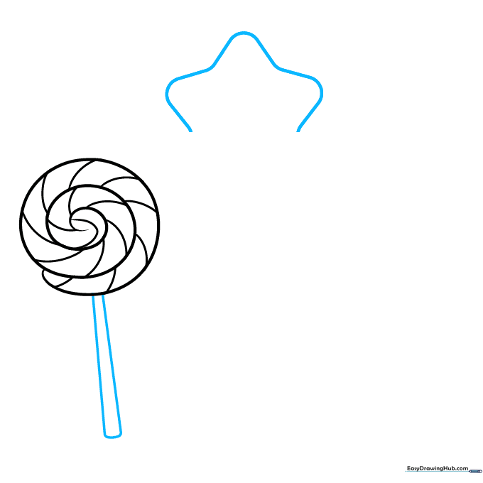 Drawing the stick on the first lollipop and beginning the outline of a star-shaped lollipop