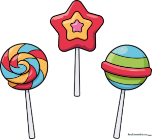 A collection of three colorful, hand-drawn lollipops of different shapes