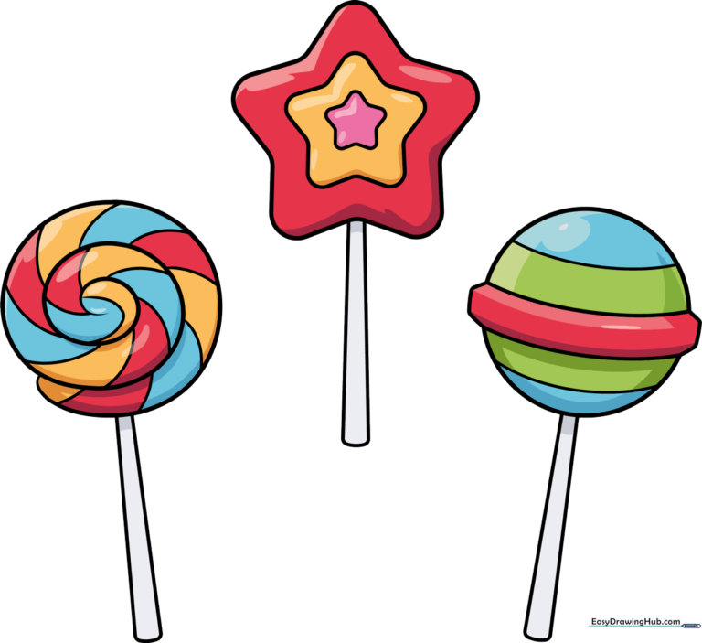A collection of three colorful, hand-drawn lollipops of different shapes