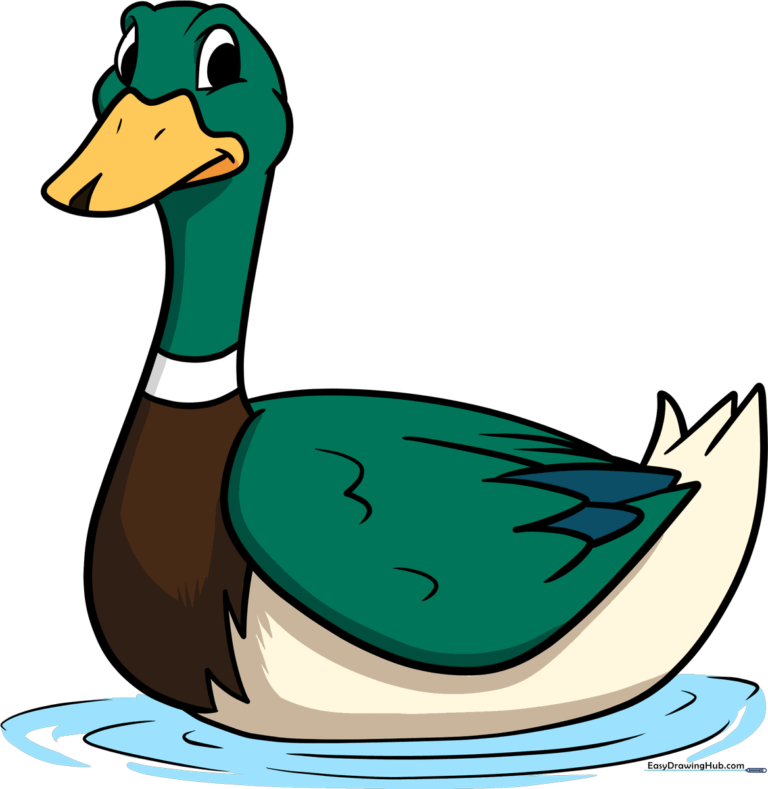 A vibrant, finished drawing of a mallard duck swimming in a pond.