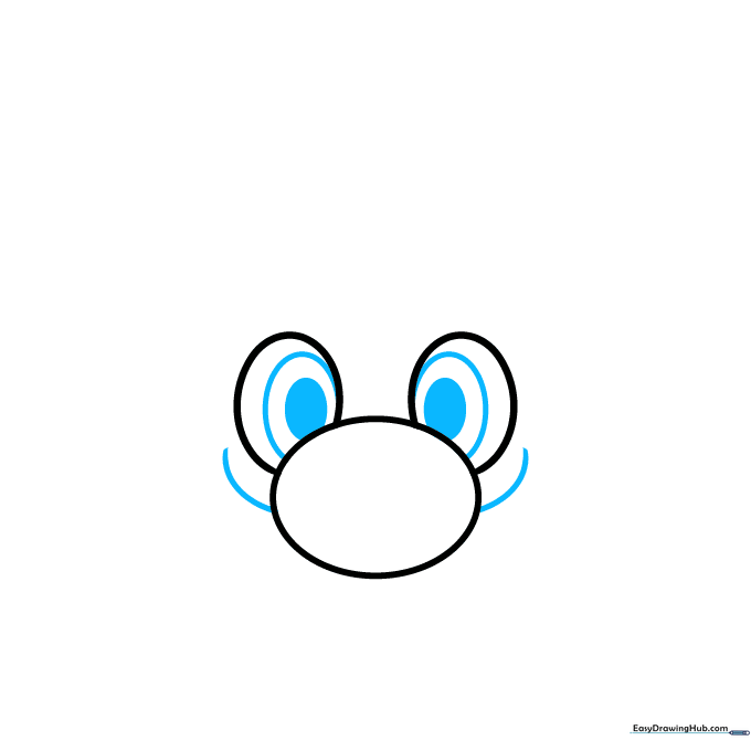 Drawing showing shaded pupils inside the eyes and two curved lines starting the mustache shape.