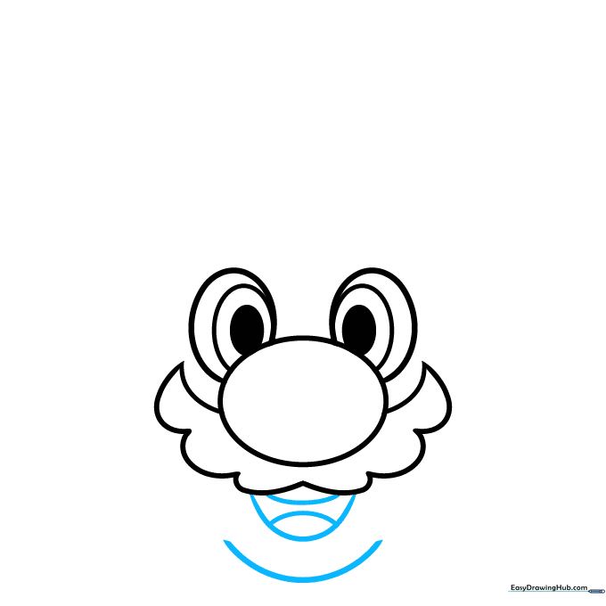 Drawing showing the open mouth with teeth and tongue, plus a curved line for the chin.