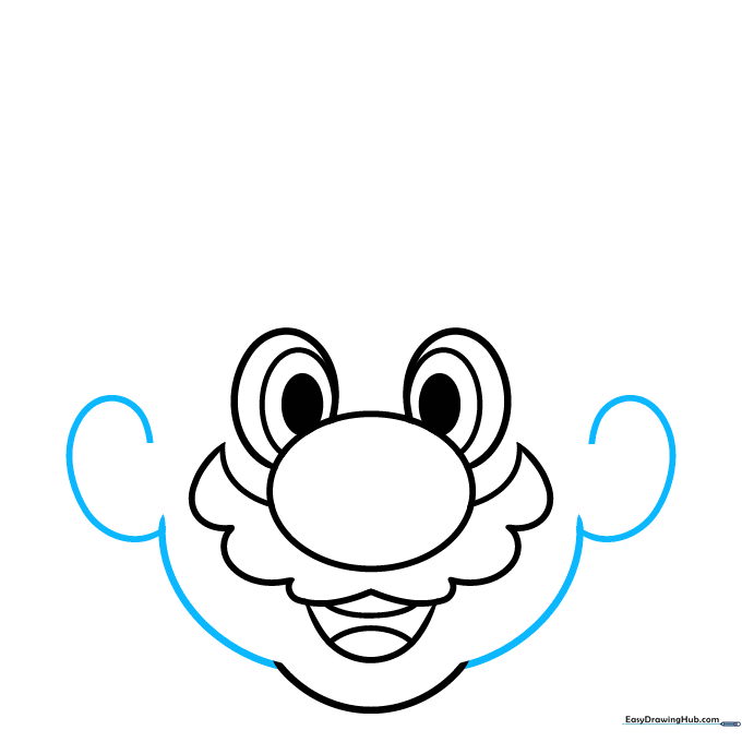 Sketch showing the full outline of Mario's face and ears.