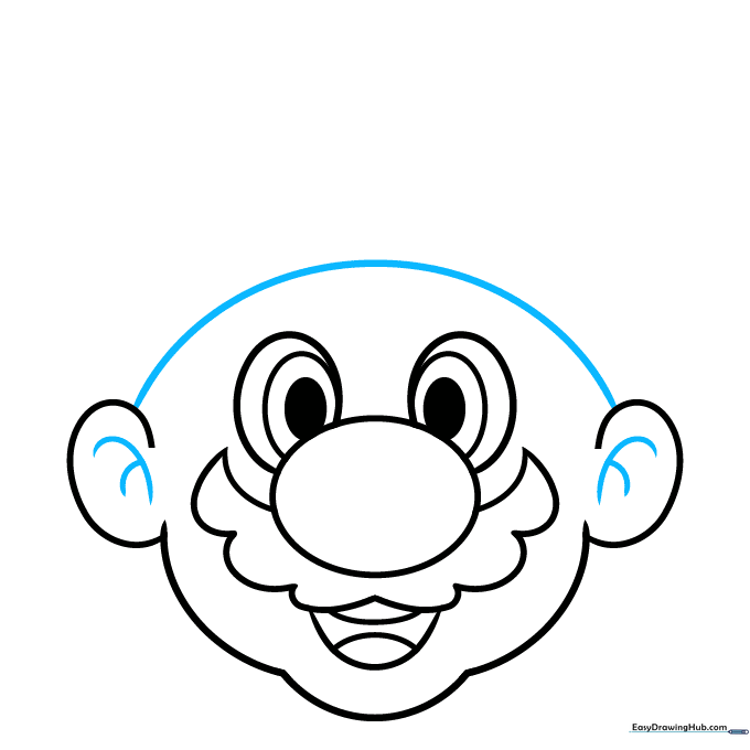 Drawing showing the top of the head connected and detailed ear shapes.