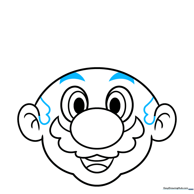 Drawing showing dark eyebrows and small hair tufts added to the sides.