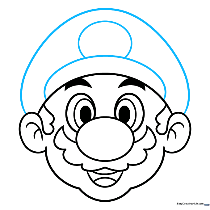 Drawing showing the addition of Mario's iconic hat brim and cap.