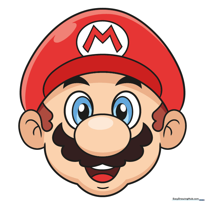 Completed drawing of Mario's face fully colored with his signature red hat and brown hair.