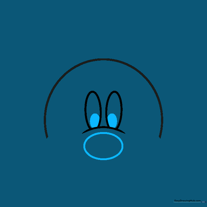 Mickey's nose added as a small circle and pupils filled in with dark pencil strokes.