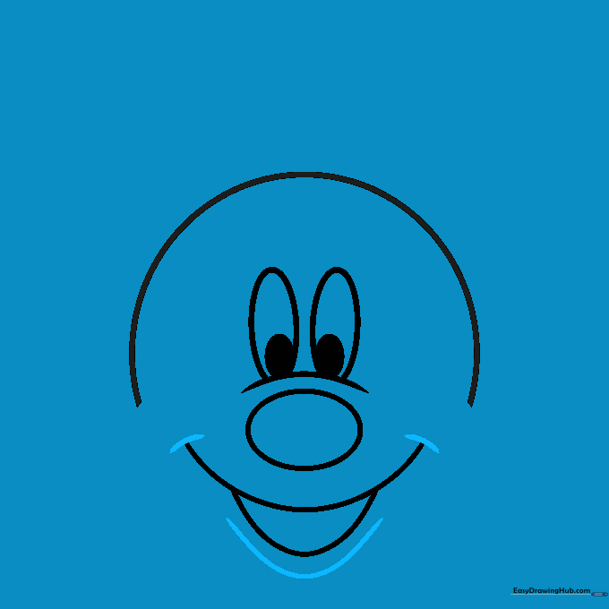 Mickey's smile defined with a parallel line and small corner dashes.