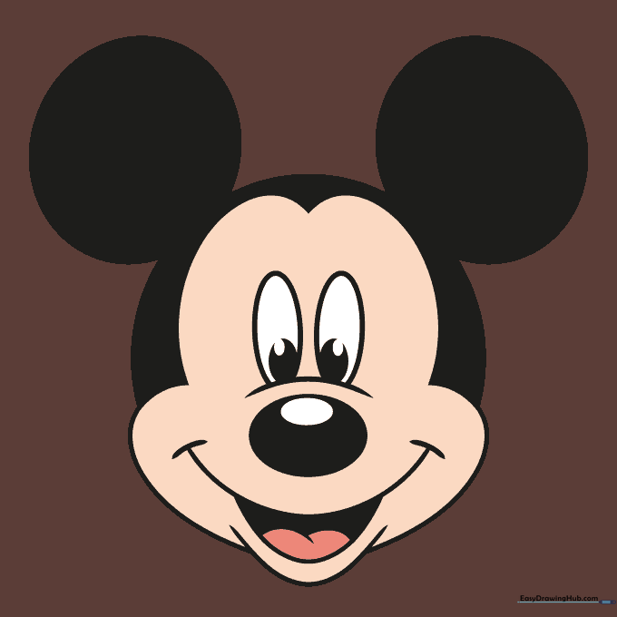 Finished, colored drawing of Mickey Mouse's face with tan skin, black ears, and a pink tongue.
