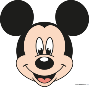 A colorful, finished drawing of Mickey Mouse's face, showcasing the final result of the tutorial.
