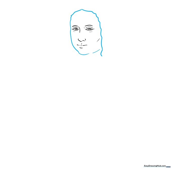 Drawing of the Mona Lisa's face shape and hair outline.