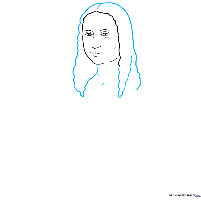 Drawing showing the addition of the neck and hair texture.