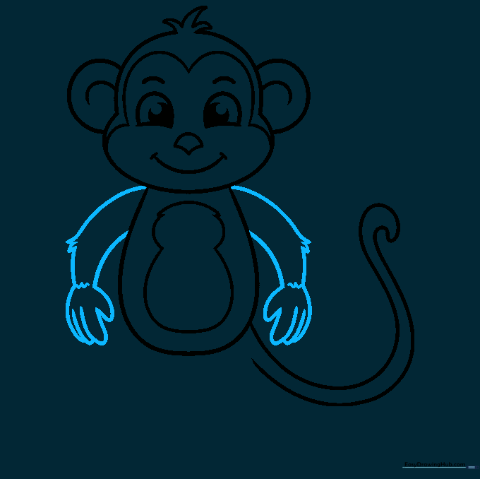 Monkey figure with arms added, showing fur details at the elbows and simple fingers.