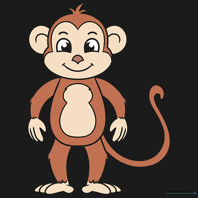 Fully colored cartoon monkey with brown fur and tan face and belly.