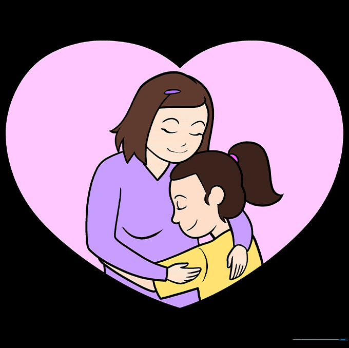 Finished, colored drawing of a mother and daughter in a heart frame.