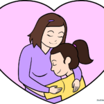 A colorful, finished drawing of a mother and daughter inside a heart, perfect for a Mother's Day card.