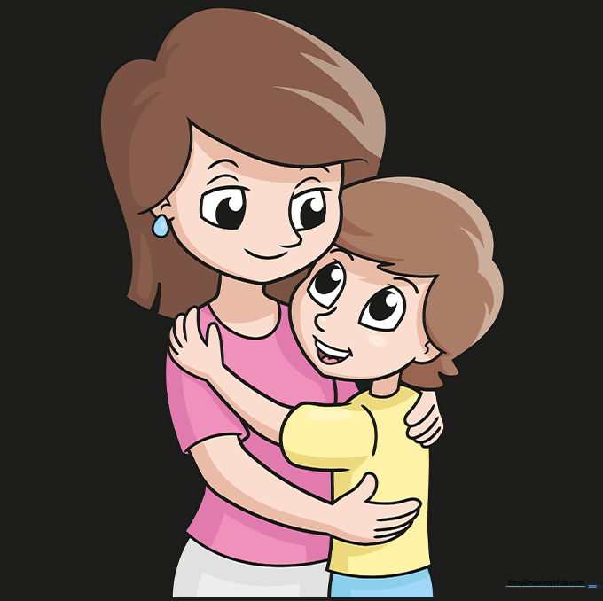Finished, colored drawing of a mother and son hugging.