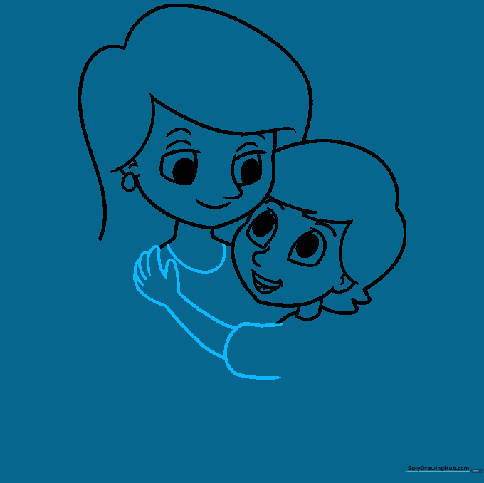 Sketch showing the arms and hands of the mother and son embracing.