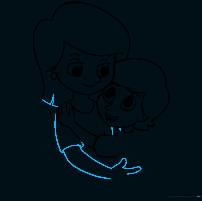Sketch showing the mother's torso and completed hair style.