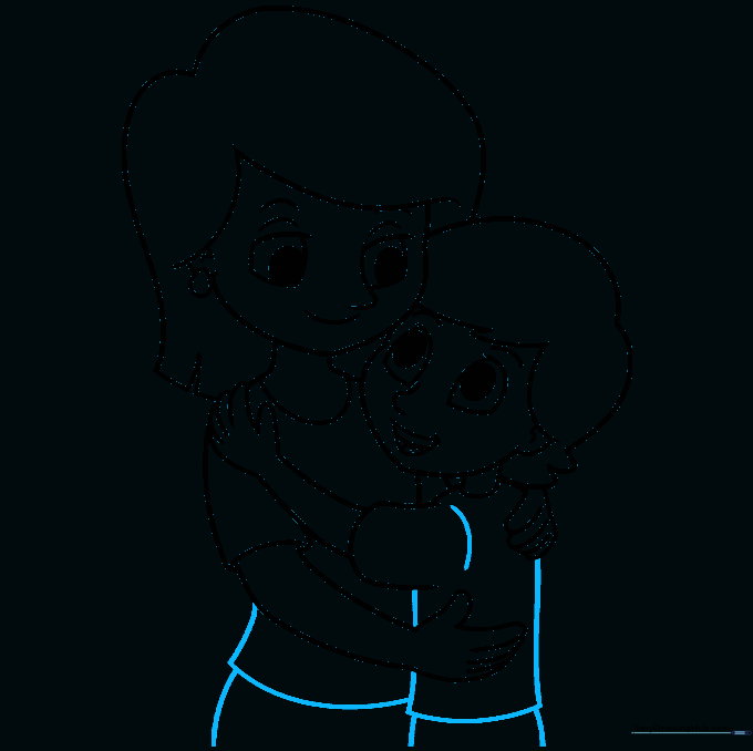 Final line art of the mother and son hugging, ready for coloring.