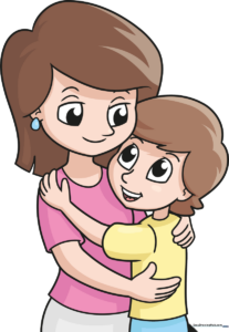A colorful, finished drawing of a mother and son hugging, presented as a friendly cartoon illustration.