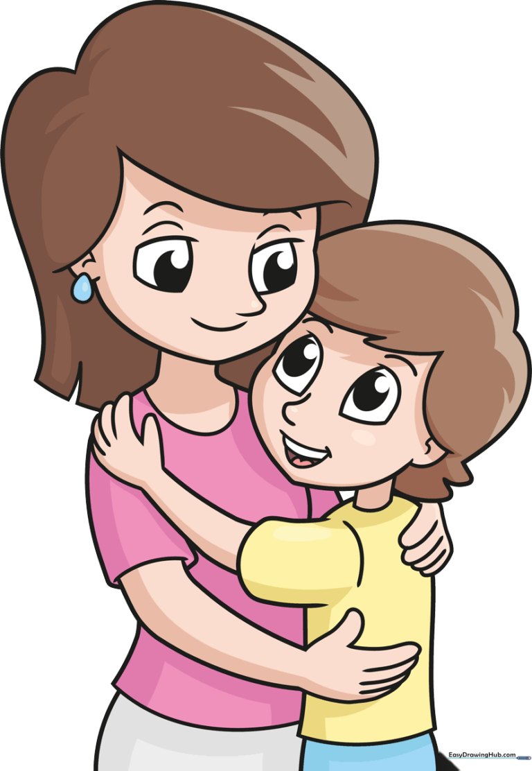 A colorful, finished drawing of a mother and son hugging, presented as a friendly cartoon illustration.