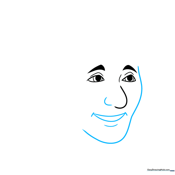Outlining the face shape and adding a gentle smile to the portrait.