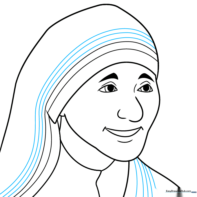 Drawing the signature blue stripes on the headscarf and shoulder.