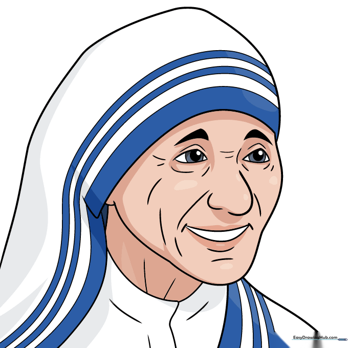 Finished Mother Teresa drawing with blue stripes and soft shading.
