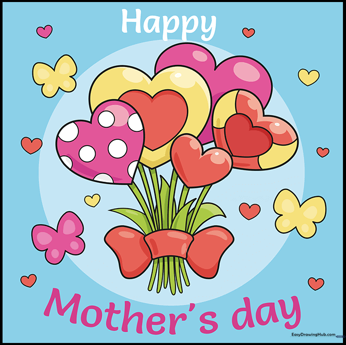 The completed, colored Mother's Day card drawing with vibrant floral and butterfly details.