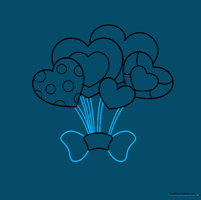 Drawing the bow loops and connecting stems leading down from the heart flowers.