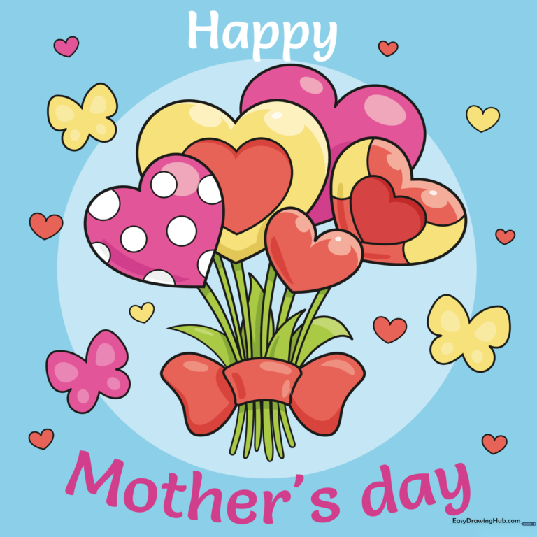 A colorful, hand-drawn Mother's Day card featuring heart-shaped flowers and butterflies.