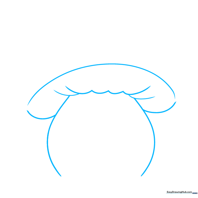 Pencil sketch showing the initial curved cap and vertical stem of a mushroom house.