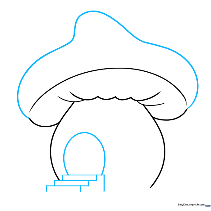 Drawing the roof curve, a three-step staircase, and an oval door on the mushroom stem.